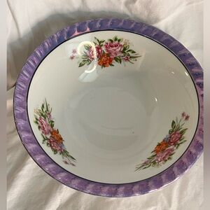 Yamatsu Japan Lusterware Set of 2 Bowls Flower Design Purple Blue Fluted Rim VTG